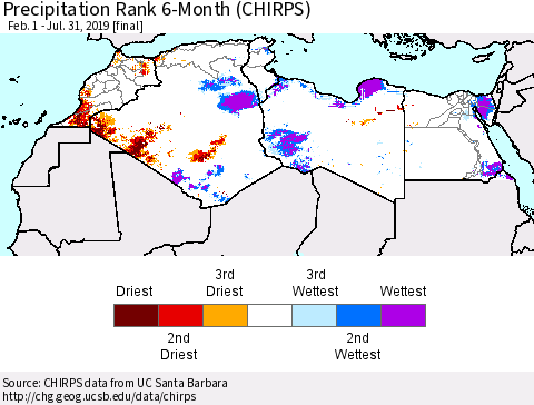 North Africa Precipitation Rank since 1981, 6-Month (CHIRPS) Thematic Map For 2/1/2019 - 7/31/2019