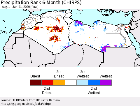 North Africa Precipitation Rank since 1981, 6-Month (CHIRPS) Thematic Map For 8/1/2019 - 1/31/2020