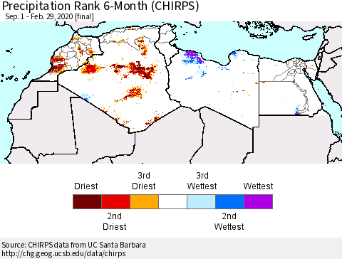 North Africa Precipitation Rank since 1981, 6-Month (CHIRPS) Thematic Map For 9/1/2019 - 2/29/2020