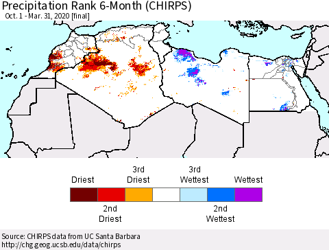 North Africa Precipitation Rank since 1981, 6-Month (CHIRPS) Thematic Map For 10/1/2019 - 3/31/2020