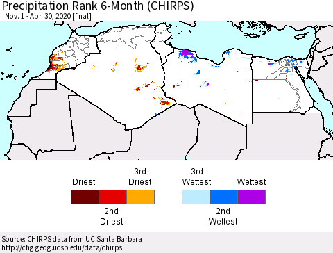 North Africa Precipitation Rank since 1981, 6-Month (CHIRPS) Thematic Map For 11/1/2019 - 4/30/2020