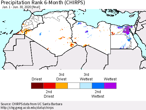 North Africa Precipitation Rank since 1981, 6-Month (CHIRPS) Thematic Map For 1/1/2020 - 6/30/2020