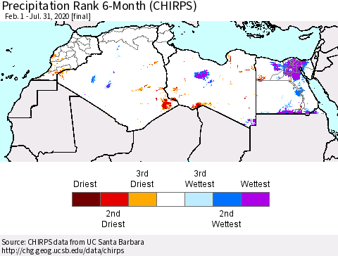 North Africa Precipitation Rank since 1981, 6-Month (CHIRPS) Thematic Map For 2/1/2020 - 7/31/2020