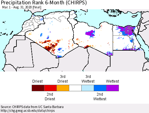 North Africa Precipitation Rank since 1981, 6-Month (CHIRPS) Thematic Map For 3/1/2020 - 8/31/2020