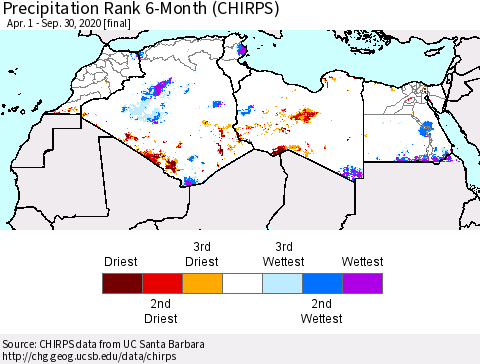 North Africa Precipitation Rank since 1981, 6-Month (CHIRPS) Thematic Map For 4/1/2020 - 9/30/2020