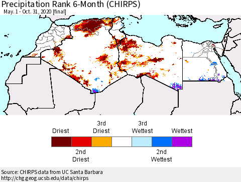 North Africa Precipitation Rank since 1981, 6-Month (CHIRPS) Thematic Map For 5/1/2020 - 10/31/2020