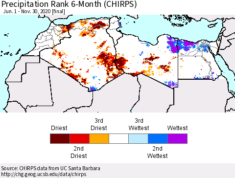 North Africa Precipitation Rank since 1981, 6-Month (CHIRPS) Thematic Map For 6/1/2020 - 11/30/2020