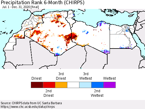 North Africa Precipitation Rank since 1981, 6-Month (CHIRPS) Thematic Map For 7/1/2020 - 12/31/2020