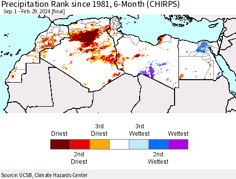North Africa Precipitation Rank since 1981, 6-Month (CHIRPS) Thematic Map For 9/1/2023 - 2/29/2024