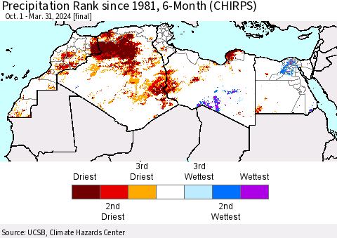 North Africa Precipitation Rank since 1981, 6-Month (CHIRPS) Thematic Map For 10/1/2023 - 3/31/2024