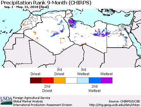 North Africa Precipitation Rank since 1981, 9-Month (CHIRPS) Thematic Map For 9/1/2017 - 5/31/2018