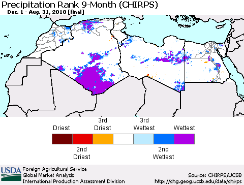 North Africa Precipitation Rank since 1981, 9-Month (CHIRPS) Thematic Map For 12/1/2017 - 8/31/2018