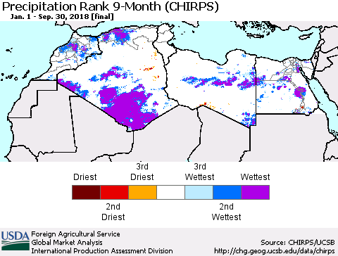 North Africa Precipitation Rank since 1981, 9-Month (CHIRPS) Thematic Map For 1/1/2018 - 9/30/2018