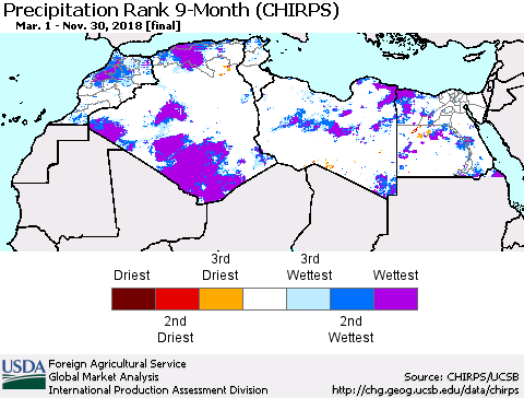 North Africa Precipitation Rank since 1981, 9-Month (CHIRPS) Thematic Map For 3/1/2018 - 11/30/2018