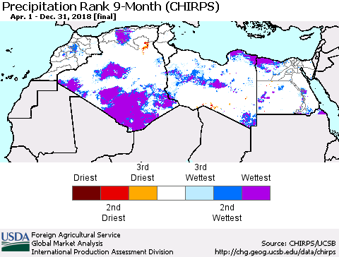 North Africa Precipitation Rank since 1981, 9-Month (CHIRPS) Thematic Map For 4/1/2018 - 12/31/2018