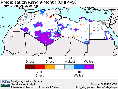 North Africa Precipitation Rank since 1981, 9-Month (CHIRPS) Thematic Map For 5/1/2018 - 1/31/2019