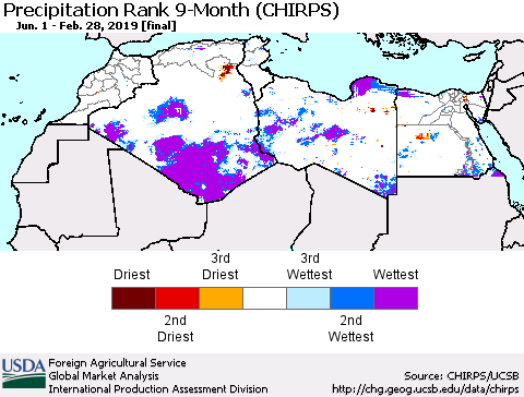 North Africa Precipitation Rank since 1981, 9-Month (CHIRPS) Thematic Map For 6/1/2018 - 2/28/2019