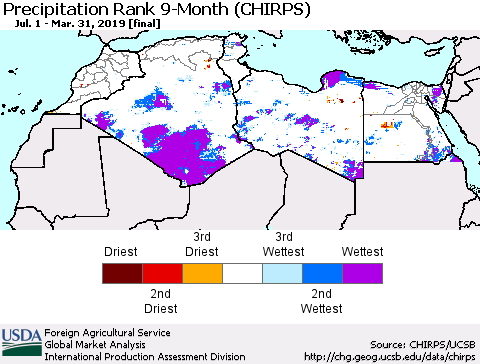 North Africa Precipitation Rank since 1981, 9-Month (CHIRPS) Thematic Map For 7/1/2018 - 3/31/2019