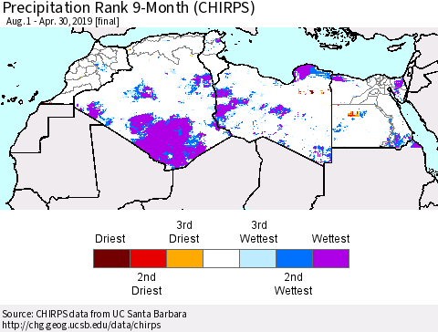 North Africa Precipitation Rank since 1981, 9-Month (CHIRPS) Thematic Map For 8/1/2018 - 4/30/2019