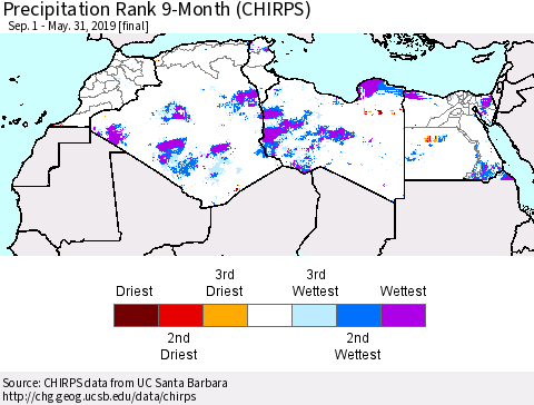 North Africa Precipitation Rank since 1981, 9-Month (CHIRPS) Thematic Map For 9/1/2018 - 5/31/2019