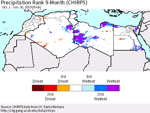 North Africa Precipitation Rank since 1981, 9-Month (CHIRPS) Thematic Map For 10/1/2018 - 6/30/2019