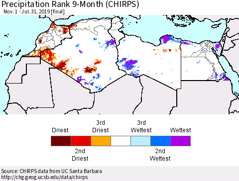 North Africa Precipitation Rank since 1981, 9-Month (CHIRPS) Thematic Map For 11/1/2018 - 7/31/2019