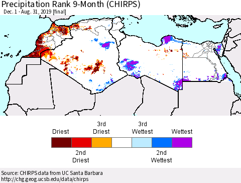 North Africa Precipitation Rank since 1981, 9-Month (CHIRPS) Thematic Map For 12/1/2018 - 8/31/2019