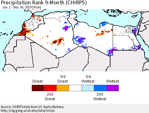 North Africa Precipitation Rank since 1981, 9-Month (CHIRPS) Thematic Map For 1/1/2019 - 9/30/2019