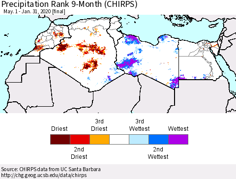North Africa Precipitation Rank since 1981, 9-Month (CHIRPS) Thematic Map For 5/1/2019 - 1/31/2020