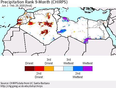 North Africa Precipitation Rank since 1981, 9-Month (CHIRPS) Thematic Map For 6/1/2019 - 2/29/2020