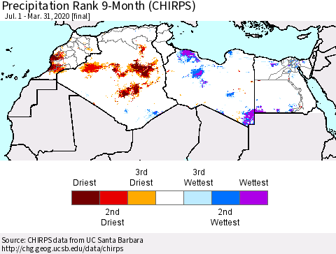 North Africa Precipitation Rank since 1981, 9-Month (CHIRPS) Thematic Map For 7/1/2019 - 3/31/2020