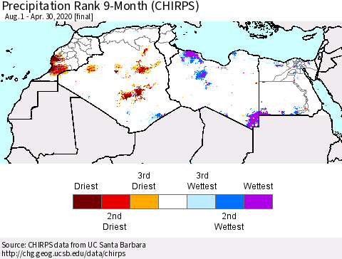 North Africa Precipitation Rank since 1981, 9-Month (CHIRPS) Thematic Map For 8/1/2019 - 4/30/2020