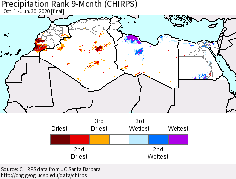 North Africa Precipitation Rank since 1981, 9-Month (CHIRPS) Thematic Map For 10/1/2019 - 6/30/2020
