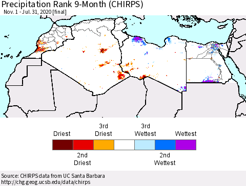 North Africa Precipitation Rank since 1981, 9-Month (CHIRPS) Thematic Map For 11/1/2019 - 7/31/2020