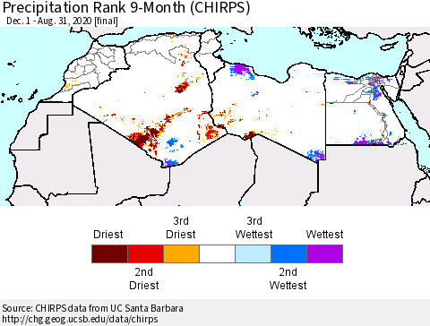 North Africa Precipitation Rank since 1981, 9-Month (CHIRPS) Thematic Map For 12/1/2019 - 8/31/2020