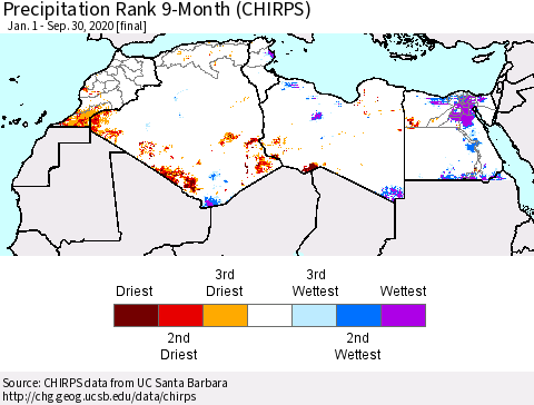 North Africa Precipitation Rank since 1981, 9-Month (CHIRPS) Thematic Map For 1/1/2020 - 9/30/2020