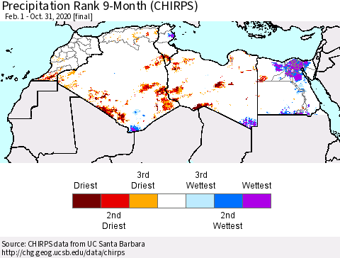 North Africa Precipitation Rank since 1981, 9-Month (CHIRPS) Thematic Map For 2/1/2020 - 10/31/2020