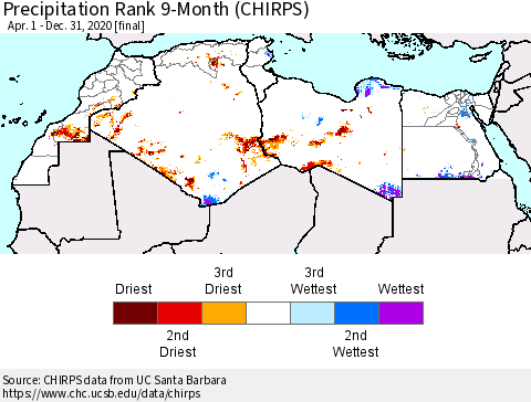 North Africa Precipitation Rank since 1981, 9-Month (CHIRPS) Thematic Map For 4/1/2020 - 12/31/2020