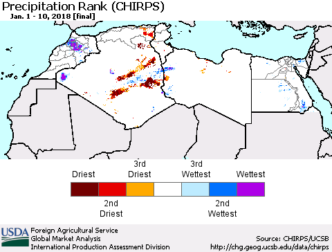 North Africa Precipitation Rank since 1981 (CHIRPS) Thematic Map For 1/1/2018 - 1/10/2018