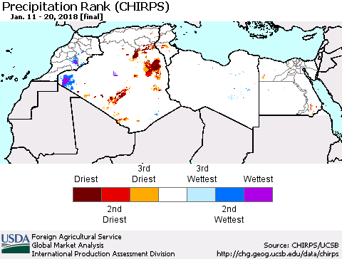 North Africa Precipitation Rank since 1981 (CHIRPS) Thematic Map For 1/11/2018 - 1/20/2018