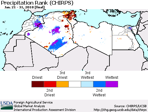 North Africa Precipitation Rank since 1981 (CHIRPS) Thematic Map For 1/21/2018 - 1/31/2018