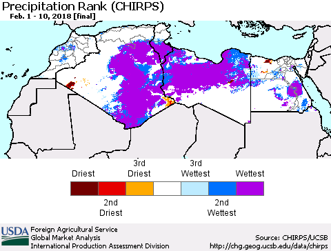 North Africa Precipitation Rank since 1981 (CHIRPS) Thematic Map For 2/1/2018 - 2/10/2018