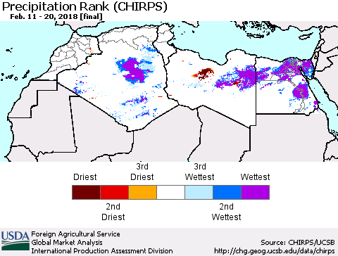 North Africa Precipitation Rank since 1981 (CHIRPS) Thematic Map For 2/11/2018 - 2/20/2018