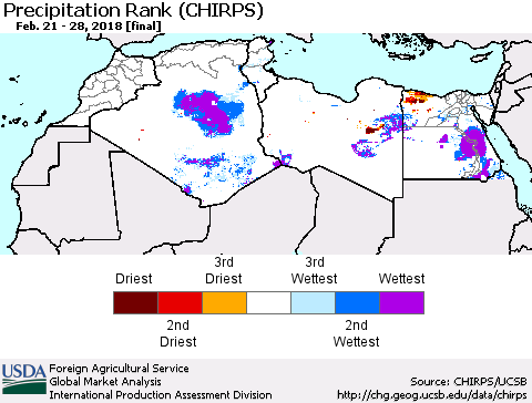 North Africa Precipitation Rank since 1981 (CHIRPS) Thematic Map For 2/21/2018 - 2/28/2018