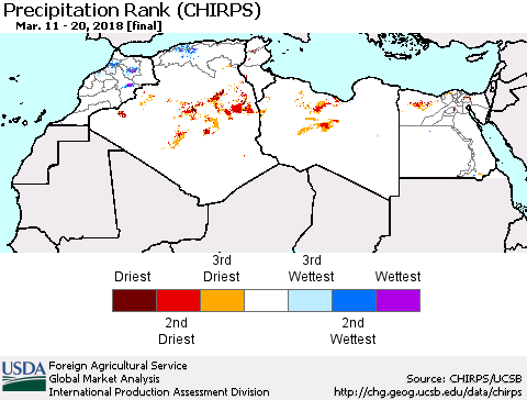 North Africa Precipitation Rank since 1981 (CHIRPS) Thematic Map For 3/11/2018 - 3/20/2018