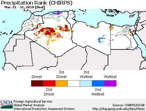 North Africa Precipitation Rank since 1981 (CHIRPS) Thematic Map For 3/21/2018 - 3/31/2018