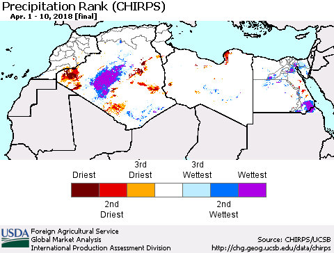 North Africa Precipitation Rank since 1981 (CHIRPS) Thematic Map For 4/1/2018 - 4/10/2018