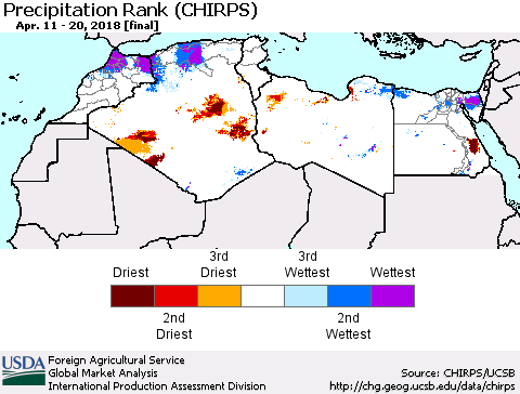 North Africa Precipitation Rank since 1981 (CHIRPS) Thematic Map For 4/11/2018 - 4/20/2018