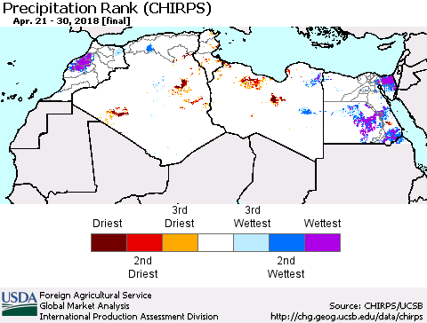 North Africa Precipitation Rank since 1981 (CHIRPS) Thematic Map For 4/21/2018 - 4/30/2018