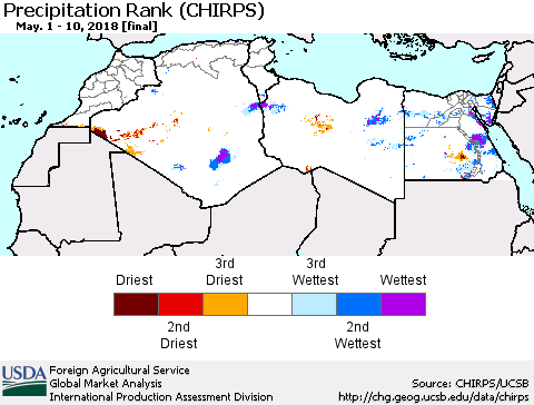 North Africa Precipitation Rank since 1981 (CHIRPS) Thematic Map For 5/1/2018 - 5/10/2018